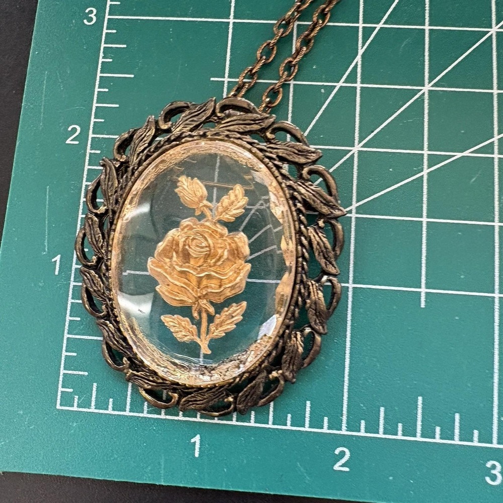 Vintage Reverse Carved Glass Floral Cameo Pendant Victorian Revival Bronze - Picture 7 of 8